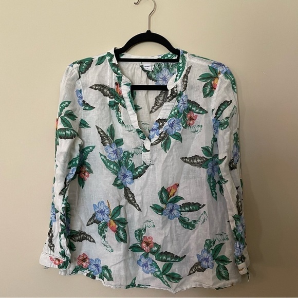 Old Navy White and Floral Relaxed Tie-Cuff Linen-Blend Blouse - Picture 2 of 9